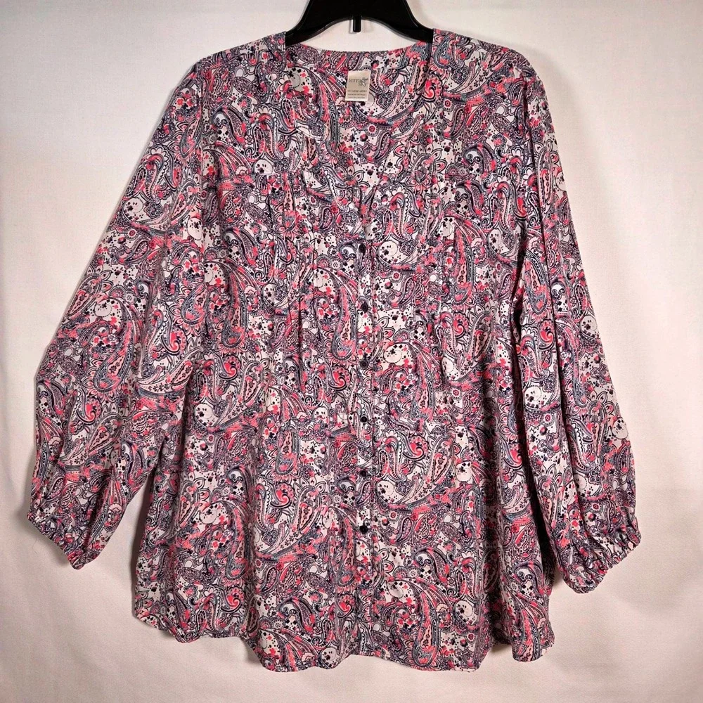 Pink Blue Paisley Boho Cottagecore Button Front Blouse‎ Feminine Plus  Size 1X